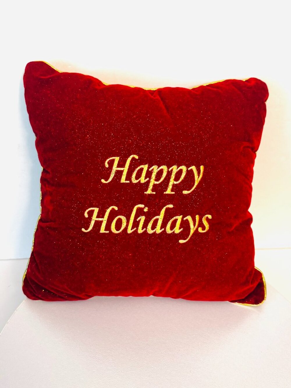 Christmas Decor Throw Pillow 12" "Happy Holidays" Red Velvet Golden Trim Sparkle